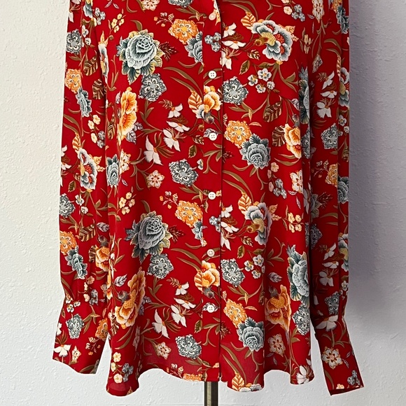 Loft Red Floral Button-Up Shirt Top  M Medium - Picture 2 of 3